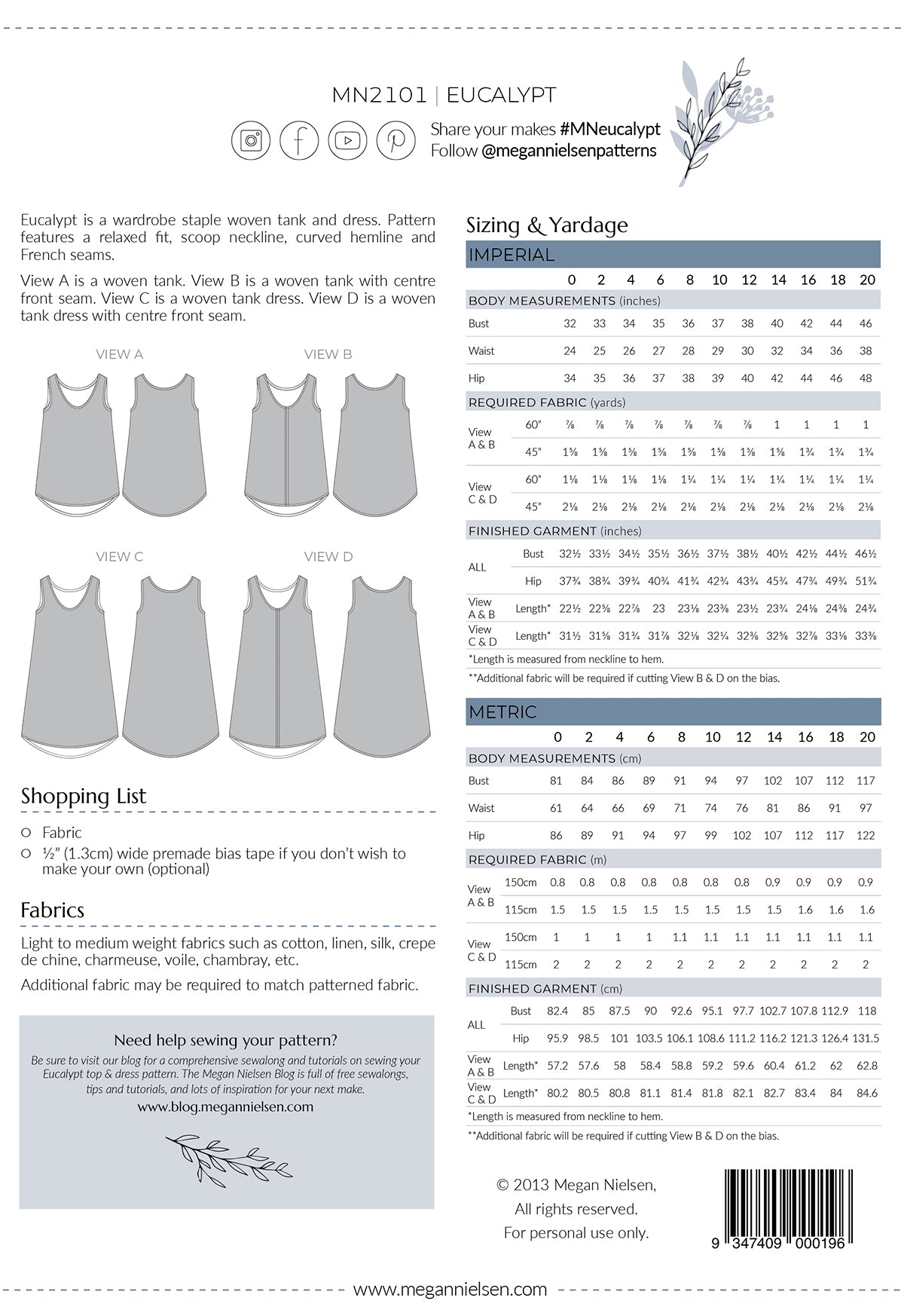 Eucalypt woven tank top & dress pattern