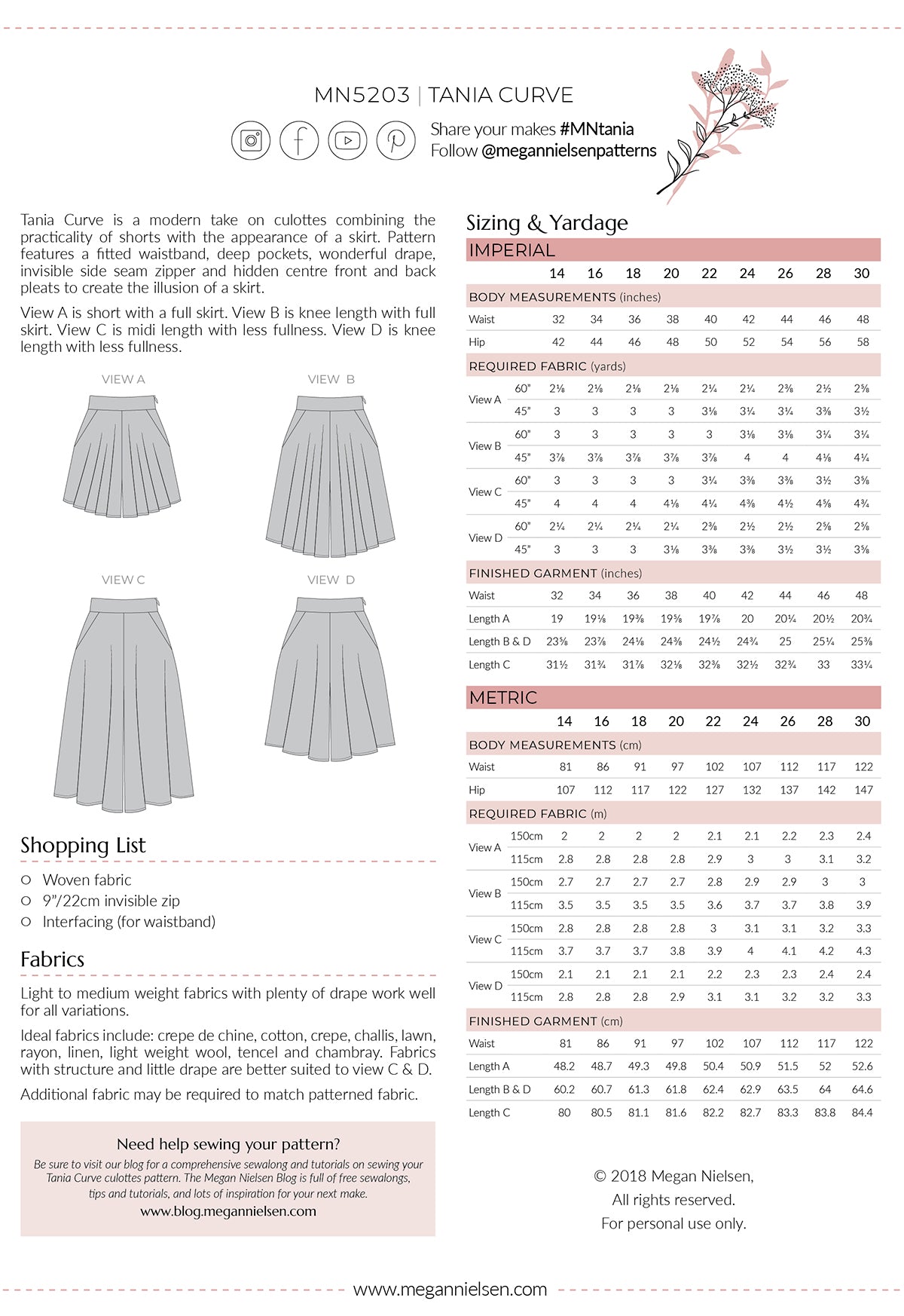 Tania Curve culottes pattern